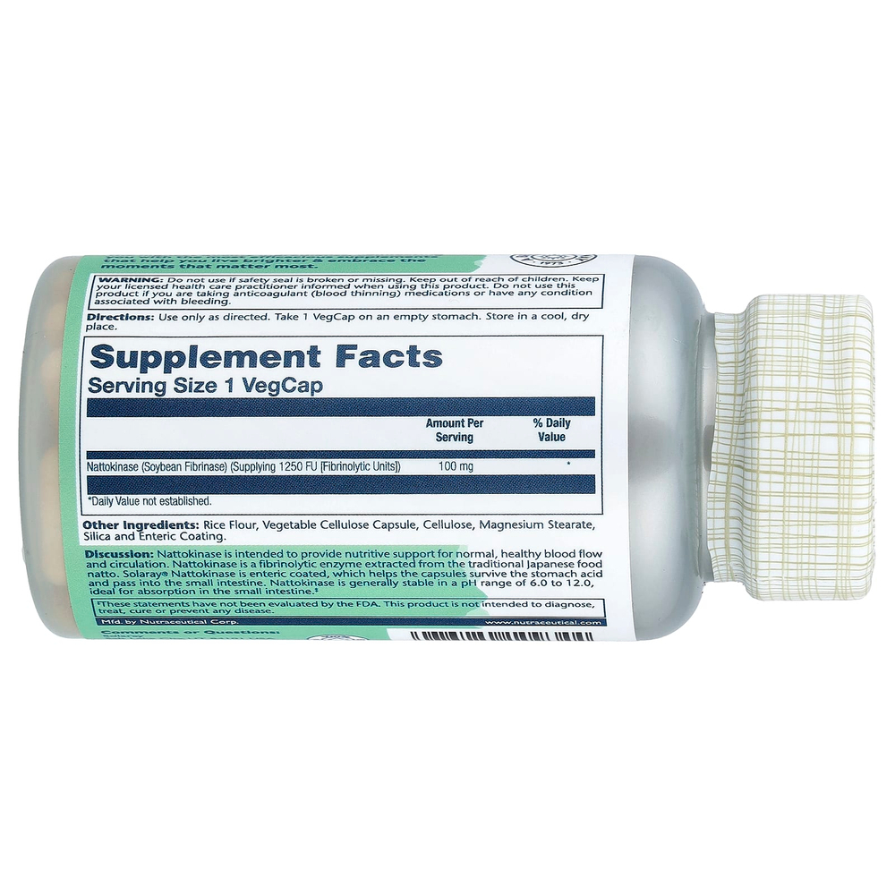 Solaray, наттокиназа, 100 мг (1250 FU), 30 растительных капсул