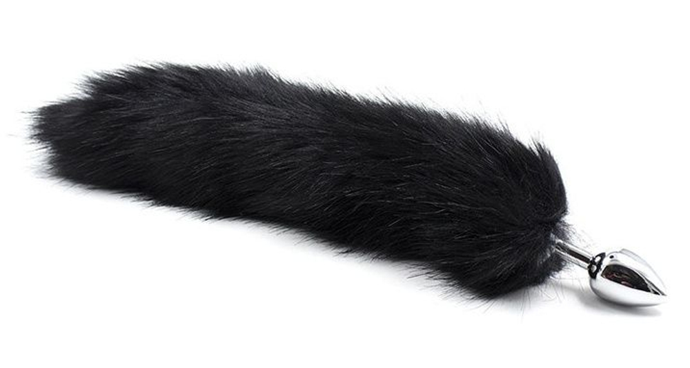 Серебристая металлическая анальная пробка с черным хвостом - размер S (Цвет: серебристый)