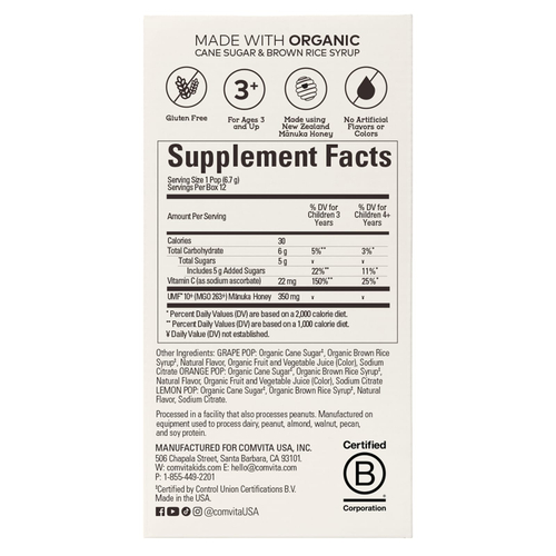 Comvita, Kids, успокаивающие леденцы с медом манука, для детей от 3 лет, лимон, апельсин, виноград, 12 леденцов, 80,4 г (2,84 унции)