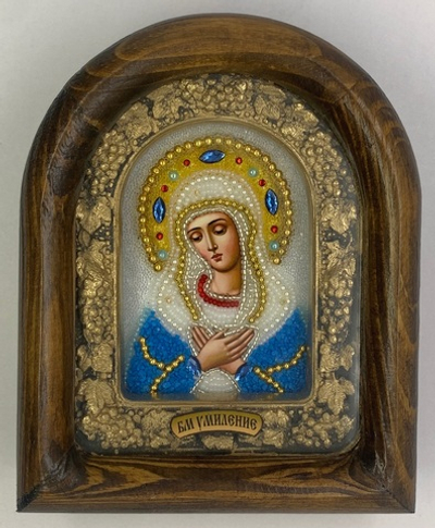 Дивеевская икона с рукописным ликом из бисера Божией Матери «Умиление»