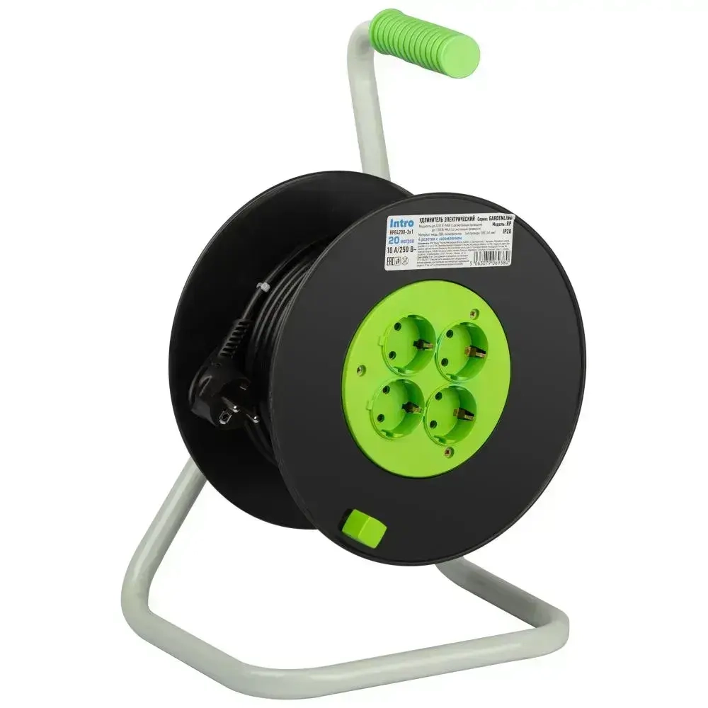 Удлинитель силовой на катушке Intro RPE4200 20м c заземлением 4 розетки ПВС 3х1мм, строительный садовый для газонокосилки и триммера