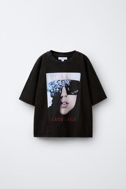 ZARA ФУТБОЛКА С ПРИНТОМ LADY GAGA ©, ТЕМНЫЙ АНТРАЦИТ