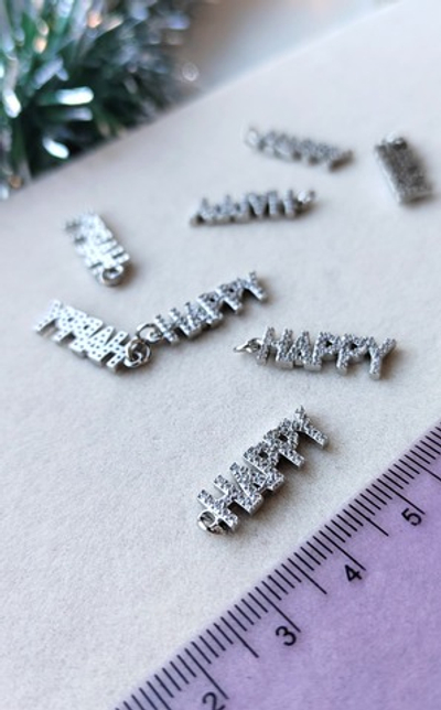 50246-р Подвеска со стразами "Happy" 22*7мм, родий