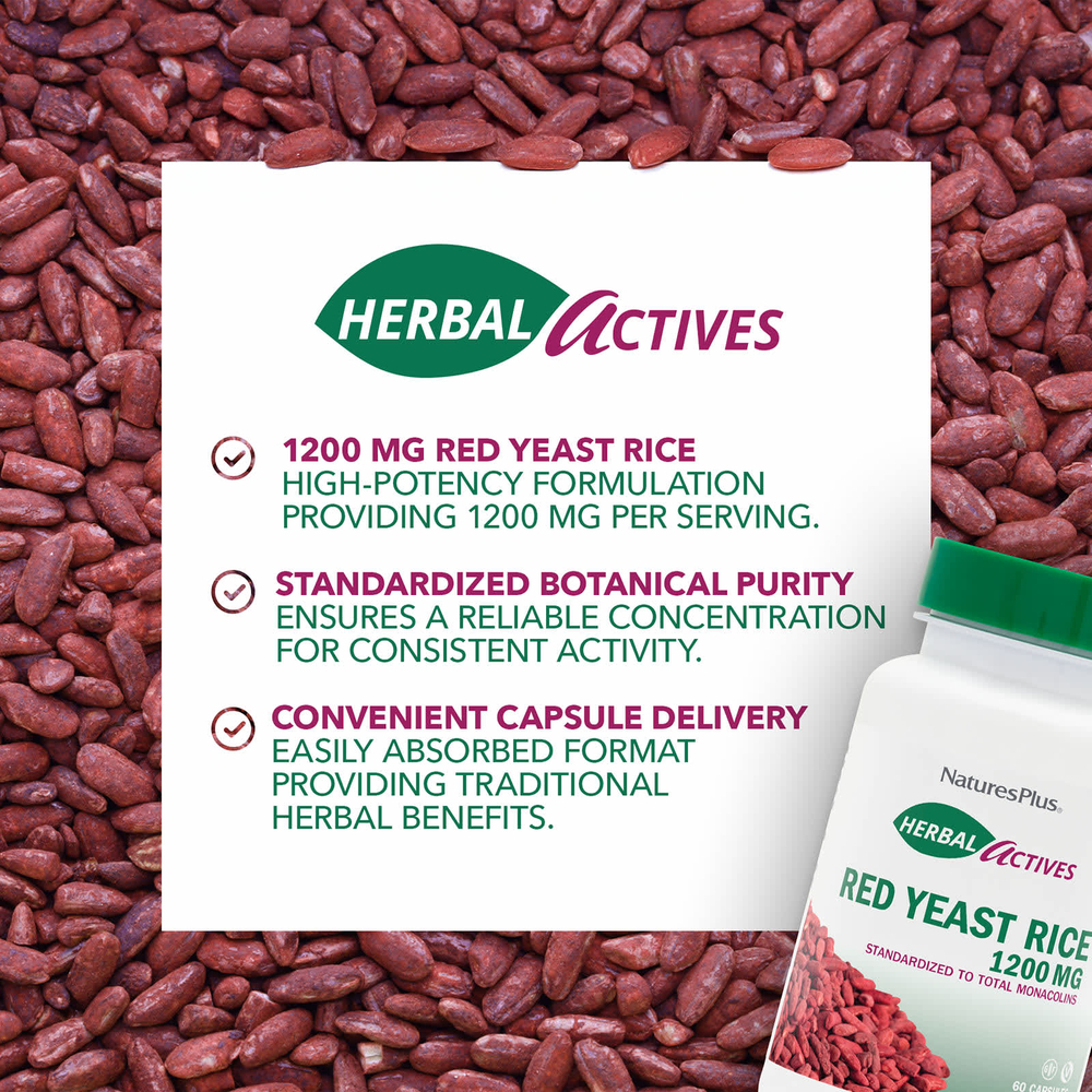 NaturesPlus, Herbal Actives, красный ферментированный рис, 60 капсул (600 мг в 1 капсуле)