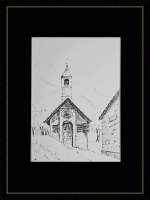 Картина, графика в паспарту 21х30 см на стену для интерьера "Часовня Сен-Жан-Батист-де-ла-Бомет-де-Пеон"