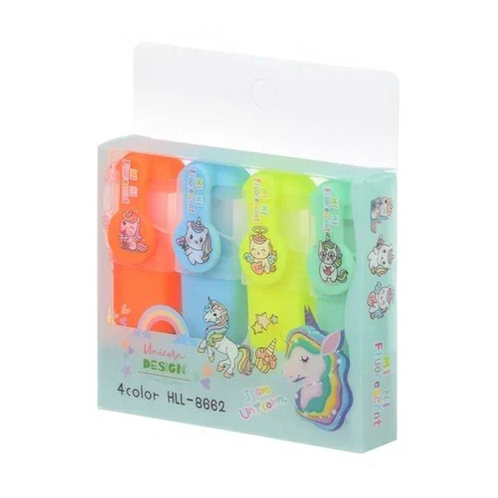 Маркер текстовыделитель Basir, серия "Единорожки", 10 см, цветная упаковка, разноцветные, набор 4 шт, ассорти