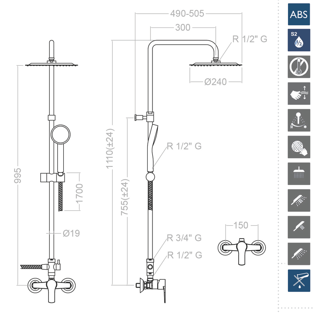 Душевая система без излива и без регулировки высоты TITANIUM 1878RP240