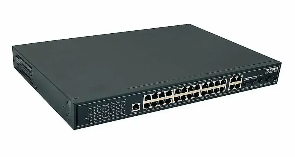 Коммутатор Osnovo SW-8244/L(400W) - Управляемый L2 PoE коммутатор Gigabit Ethernet на 24 RJ45 PoE + 4 x GE Combo Uplink порта. Порты: 24 x GE (10/100/1000 Base-T) с поддержкой PoE (IEEE 802.3af/at), 4 x GE Combo Uplink (RJ45 + SFP)