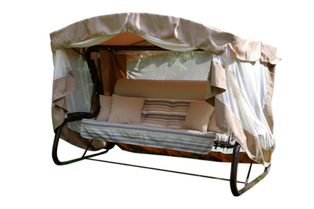 Качели садовые OLSA 4-х местные Александрия (каркас коричневый, м/э бежевый, серый рис.полоска)2 уп.