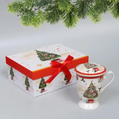 Кружка керамическая 300мл «Ёлочка» с крышкой и ситечком в подарочной коробке