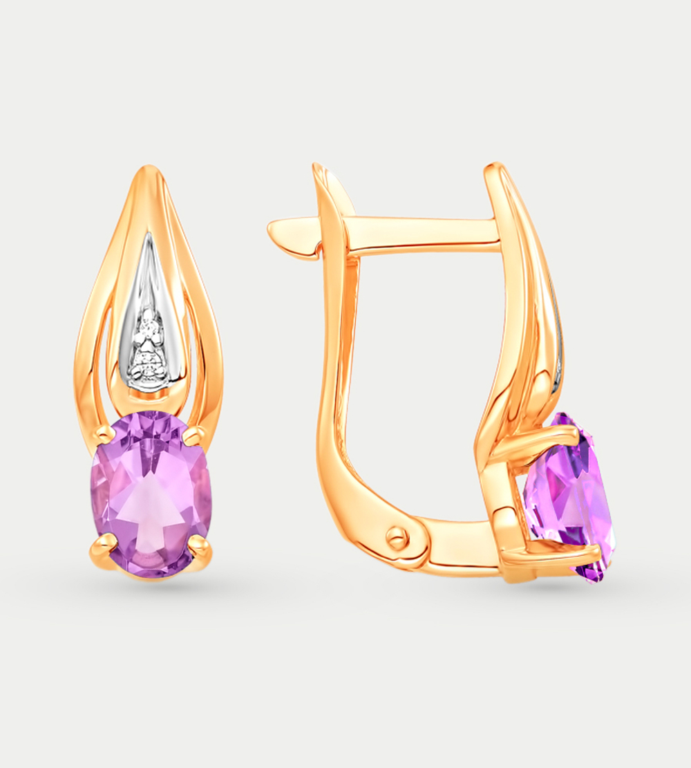 Серьги золотые с аметистом и фианитами