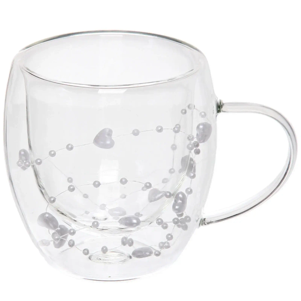 Кружка стеклянная с двойными стенками 250мл «Хай-Тек» белые сердечки