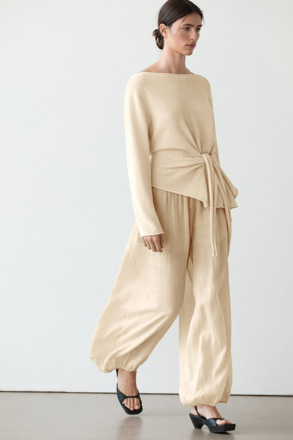 Massimo Dutti Свободные брюки-саруэль из рами, бежевый