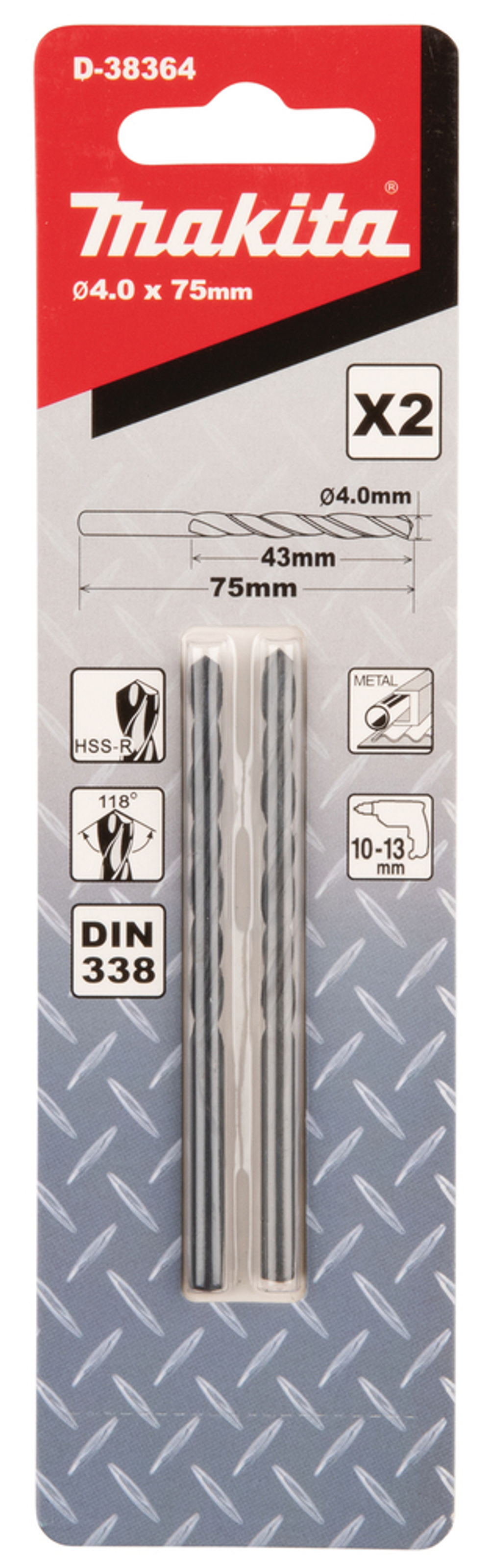 Сверло по металлу HSS-R 4х43x75, 2 шт. Makita D-38364 Металл HSS-R 4,0 x 43 х 75 мм 118 град 2 шт.