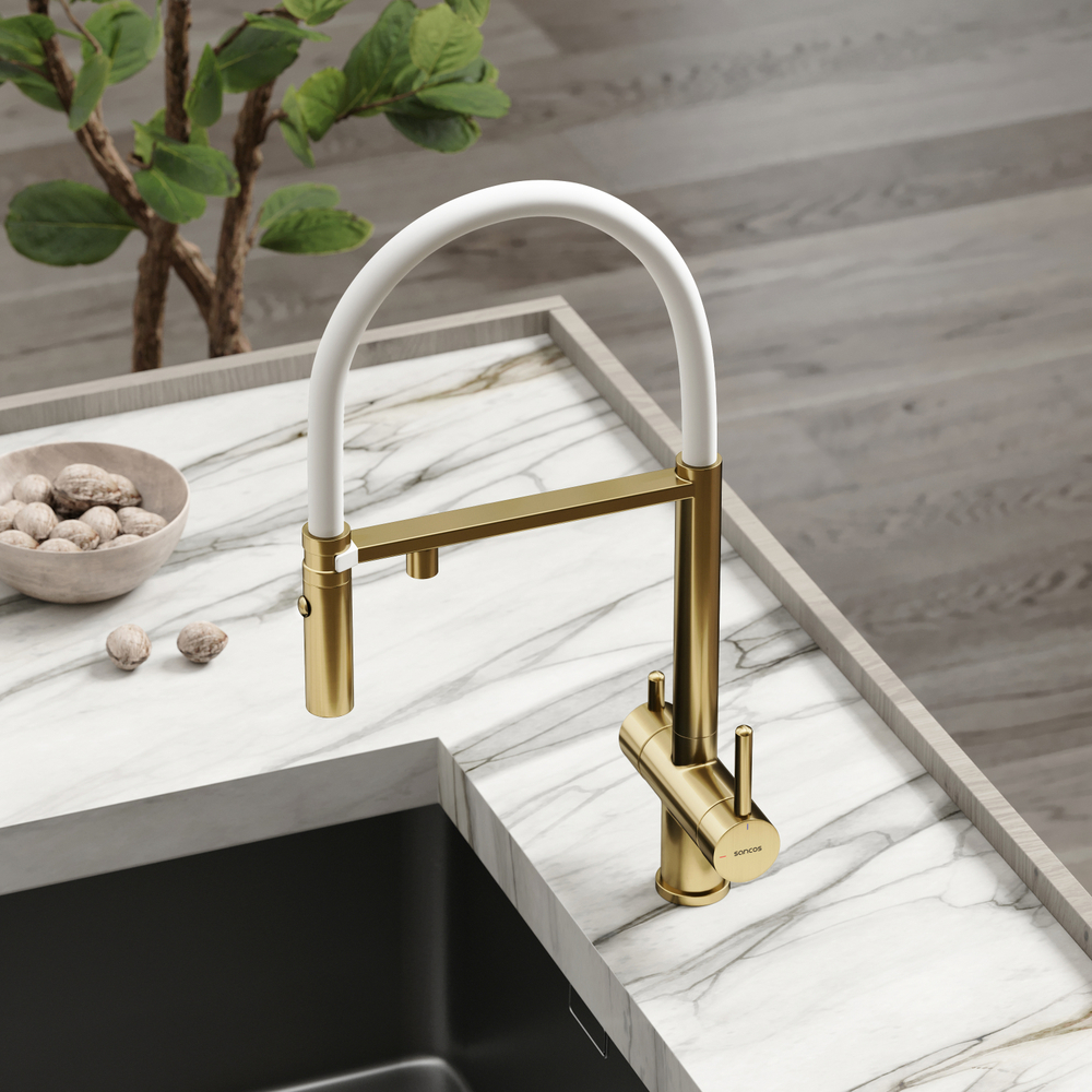 Смеситель для кухни Sancos Imola с гибким изливом, цвет брашированное золото/белый, PVD покрытие, арт. SC4010BG