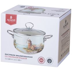 КАСТРЮЛЯ AGNESS ЭМАЛИРОВАННАЯ СО СТЕКЛЯННОЙ КРЫШКОЙ СЕРИЯ "FAMILY HOUSE", 2,8 Л ДИА. 20СМ