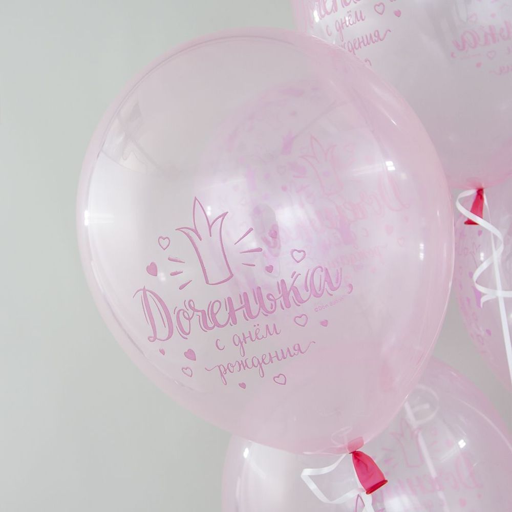 Шар (12''/30 см) Доченька, С Днем Рождения!, Хрустальные короны, Розовый, кристалл, 5 ст, 25 шт.