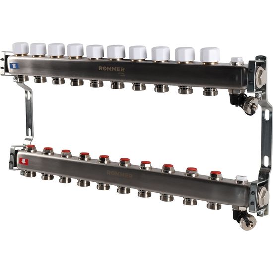 Коллектор Rommer 1"x3/4" на 10 контуров с запорными клапанами (нерж. сталь) RMS-3201-000010