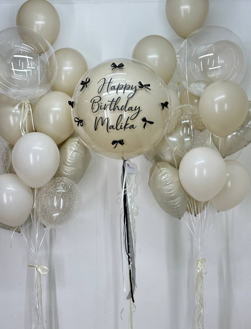 Большой бежево-кремовый воздушный шар с бантиками , нежные кремово-бежевые воздушные шары в фонтанах