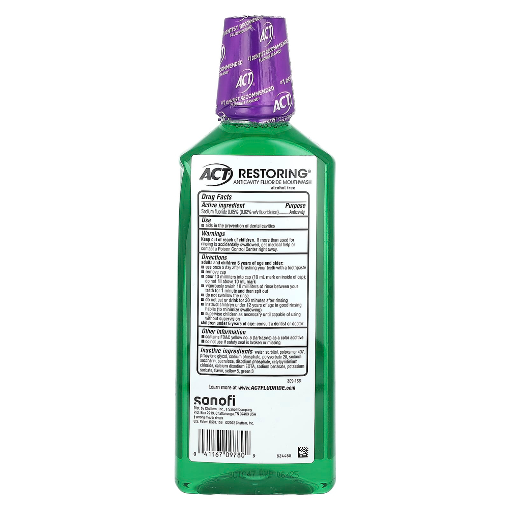 Act, восстанавливающий ополаскиватель для рта с фторидом, против кариеса, без спирта, мятный взрыв, 532 мл (18 жидк. унций)