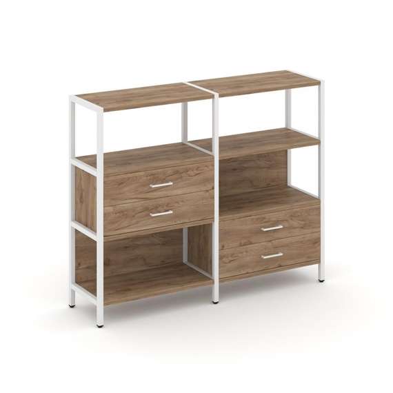 Shelf System Двухсекционный стеллаж трехярусный с ящиками SN.STM-323 Дуб Табак/Металл Белый 1590*400