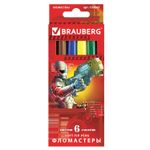Фломастеры BRAUBERG "Star Patrol", 6 цветов, вентилируемый колпачок, картонная упаковка, увеличенный срок службы, 150543