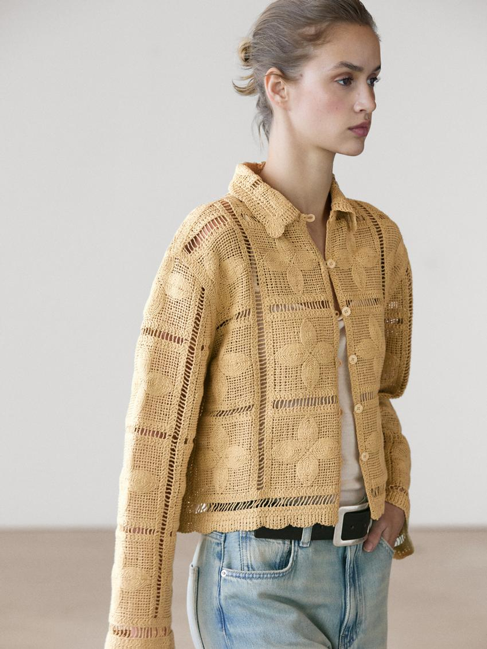 Massimo Dutti Кардиган из кружева кроше с ажурным узором, ванильный