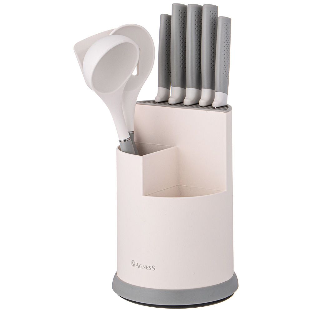 НАБОР AGNESS ИЗ 9ПР: 5 НОЖЕЙ, ПОЛОВНИК, ЛОПАТКА И ШУМОВКА, ВРАЩАЮЩАЯСЯ ПОДСТАВКА, ЦВЕТ: СЕРЫЙ
