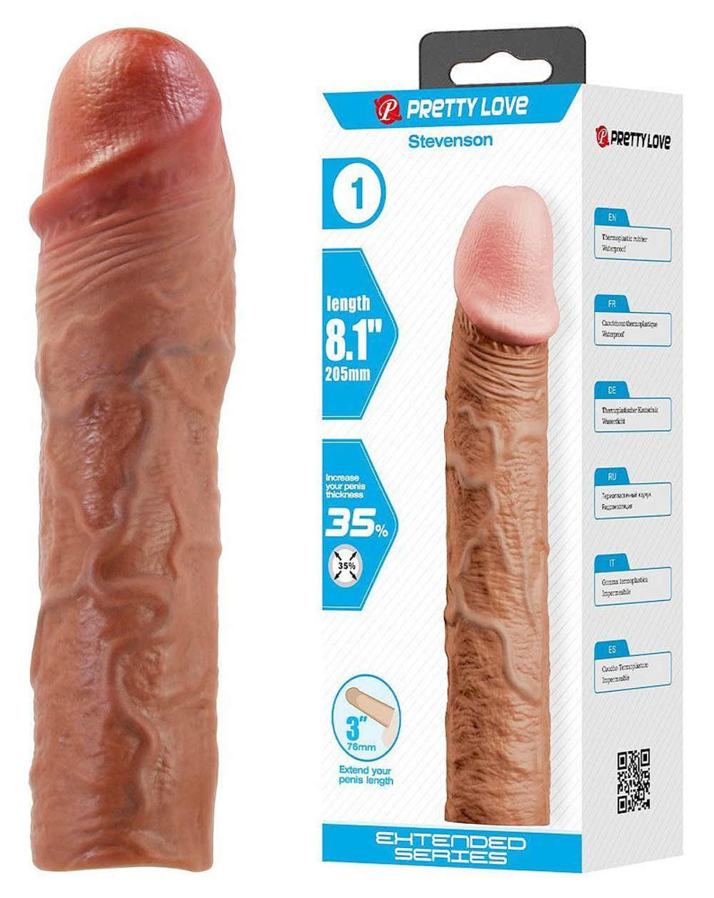 Удлиняющая насадка на пенис Stevenson - 20,5 см. (Цвет: коричневый)