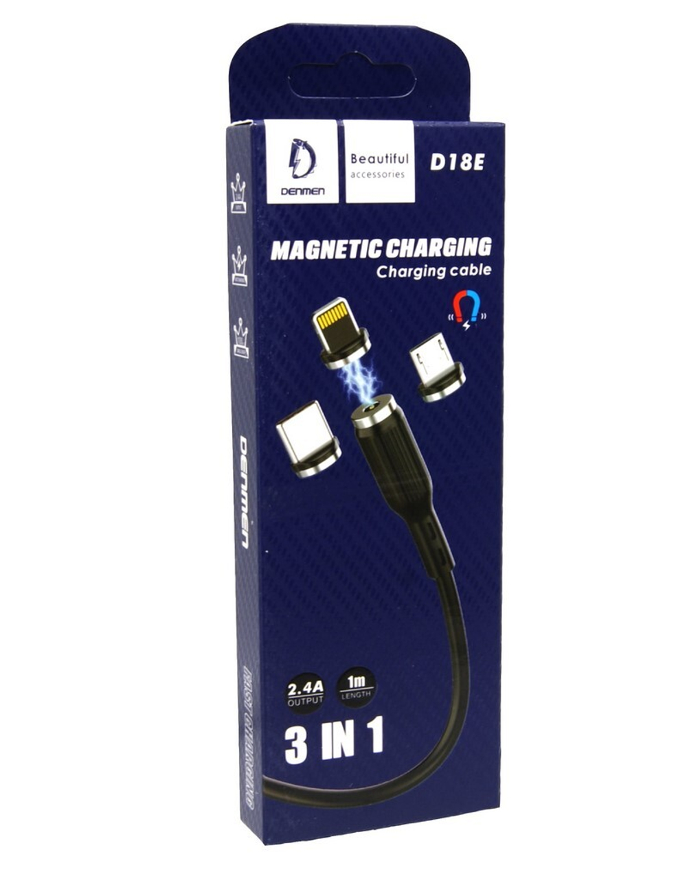 Кабель USB DENMEN D18E 3 в 1 для iPhone/Micro/Type C магнитный (черный) 1m