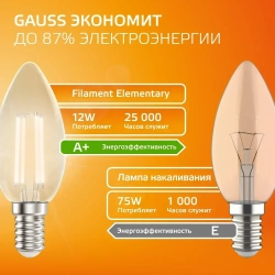 Лампочка светодиодная E14 Свеча 12W теплый свет 2700К УПАКОВКА 10 шт. Gauss Elementary Filament