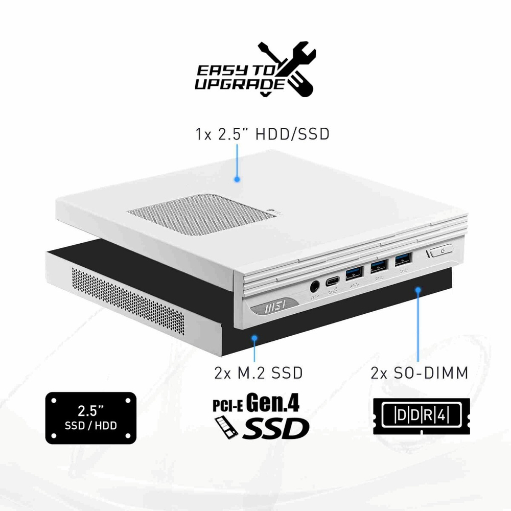 MSI Pro DP10 12M Mini Core i7-1255U (1.7GHz), 16Gb (8GBx2) DDR4 SO-DIMM, 1TB SSD M.2, Intel Graphics, noDVD, WiFi, BT, 120W, VESA, VGA, noOS, White