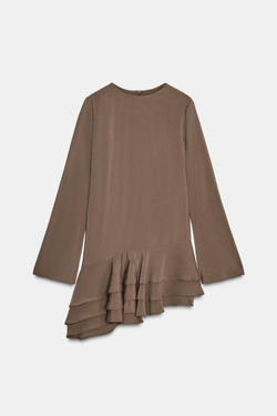 ZARA КОРОТКОЕ ЛЕГКОЕ ПЛАТЬЕ С ВОЛАНАМИ, ШОКОЛАДНЫЙ