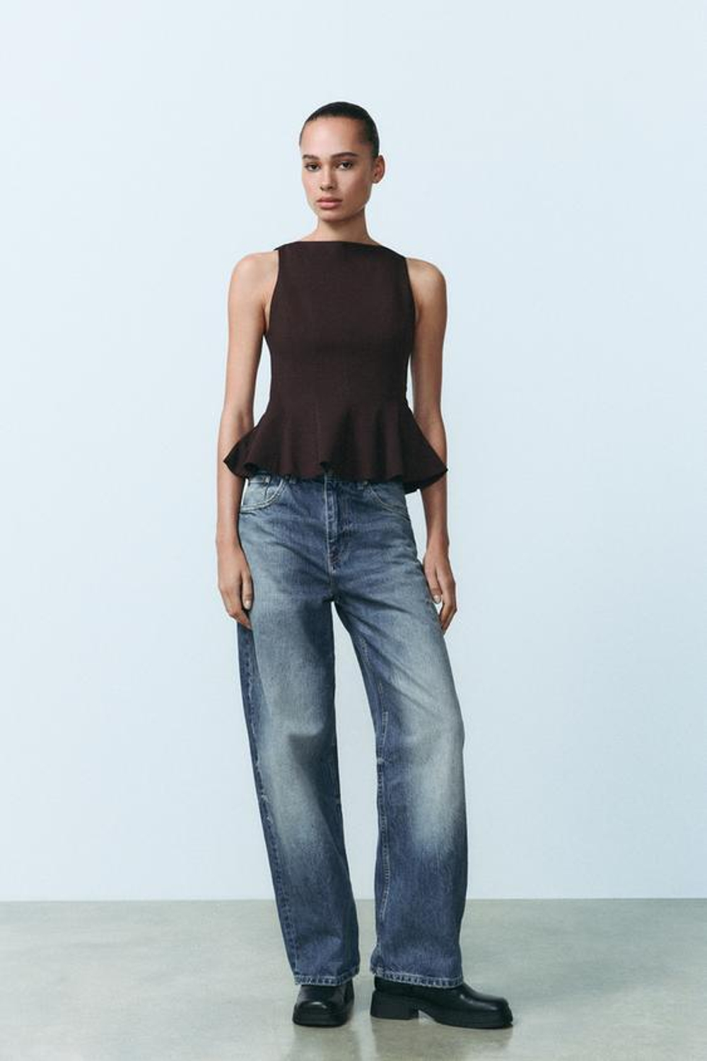 ZARA ТОП С БАСКОЙ, ТЕМНО-БАКЛАЖАНОВЫЙ