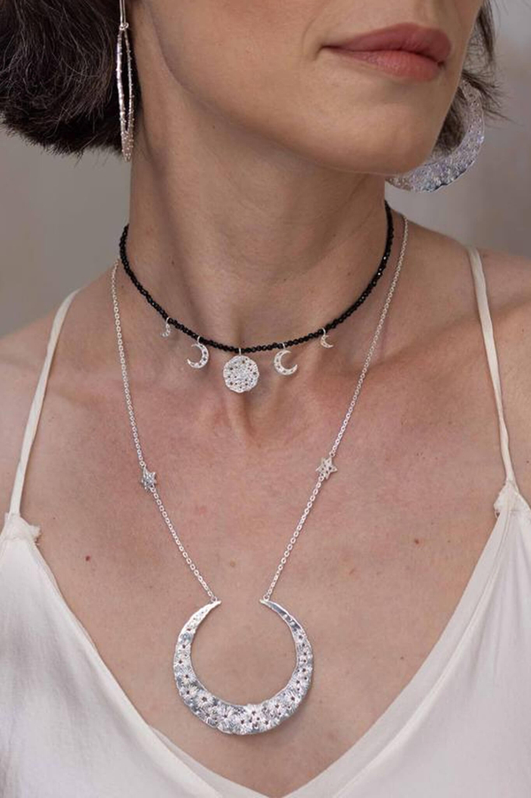 Ожерелье серебряное «Королевская Луна». Колье-цепочка с большим кулоном в виде луны, 2 звезды, 73 см