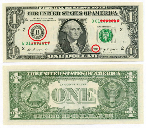 Банкнота США 1 доллар 2009 B (Нью-Йорк). UNС