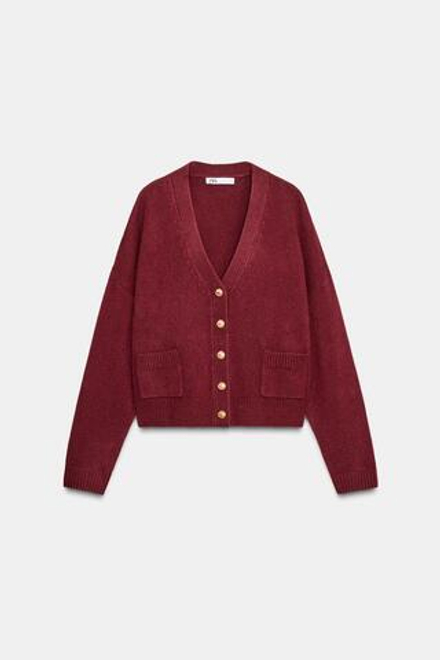 ZARA КАРДИГАН ИЗ 100% ШЕРСТИ С ЗОЛОТИСТЫМИ ПУГОВИЦАМИ, ГРАНАТОВЫЙ