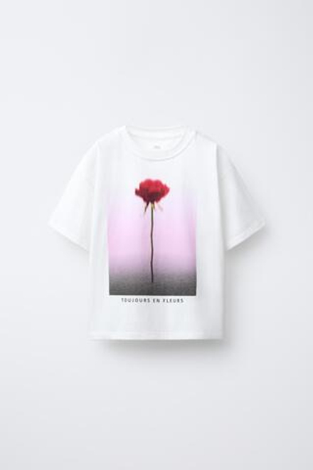 ZARA ФУТБОЛКА С ЦВЕТКОМ, БЕЛЫЙ