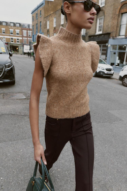 ZARA ТОП ИЗ ШЕРСТИ С ВОЛАНАМИ, СВЕТЛЫЙ ЖЕЛТО-КОРИЧНЕВЫЙ