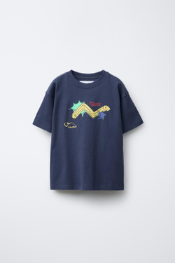 ZARA ФУТБОЛКА С ПРИНТОМ, СИНИЙ