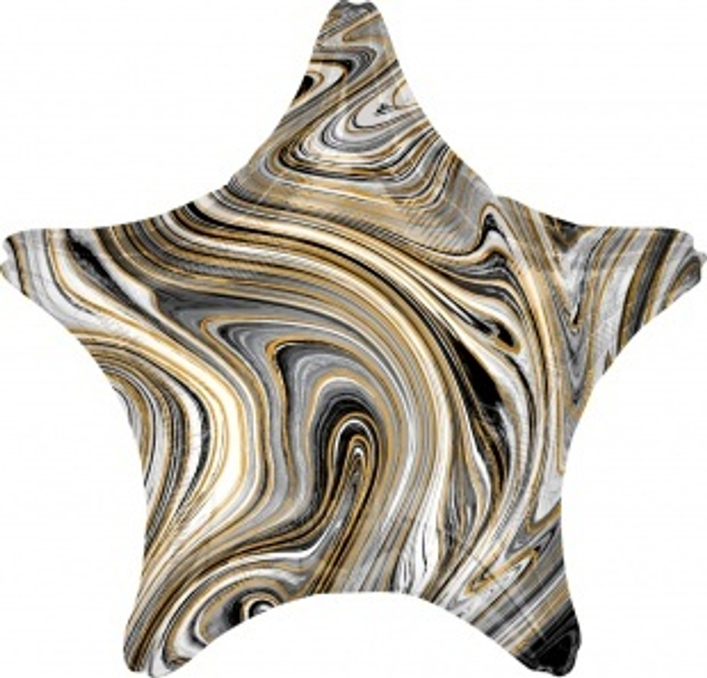 Шар (18""/46 см) Звезда, Мрамор, Золотая нить, Черный, Агат, 1 шт. А33