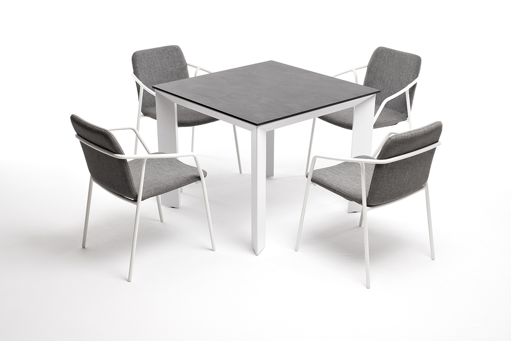"Венето" обеденная группа на 4 персоны со стульями "Марокко", каркас белый, роуп серый