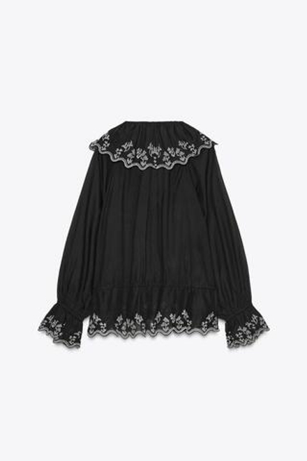 ZARA БЛУЗА С ВЫШИВКОЙ И РЮШАМИ ZW COLLECTION, ЧЕРНЫЙ