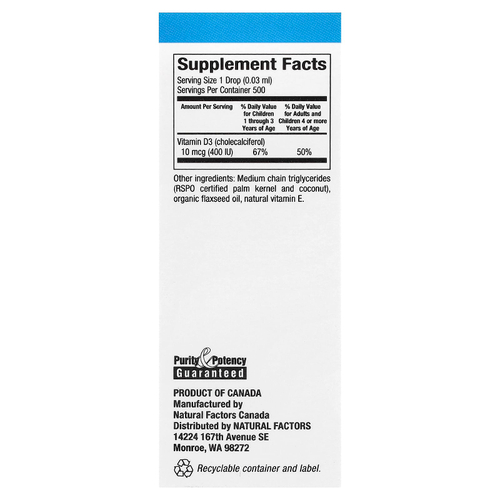 Natural Factors, витамин D3 в каплях для детей, без добавок, 15 мл (0,5 жидк. унции)