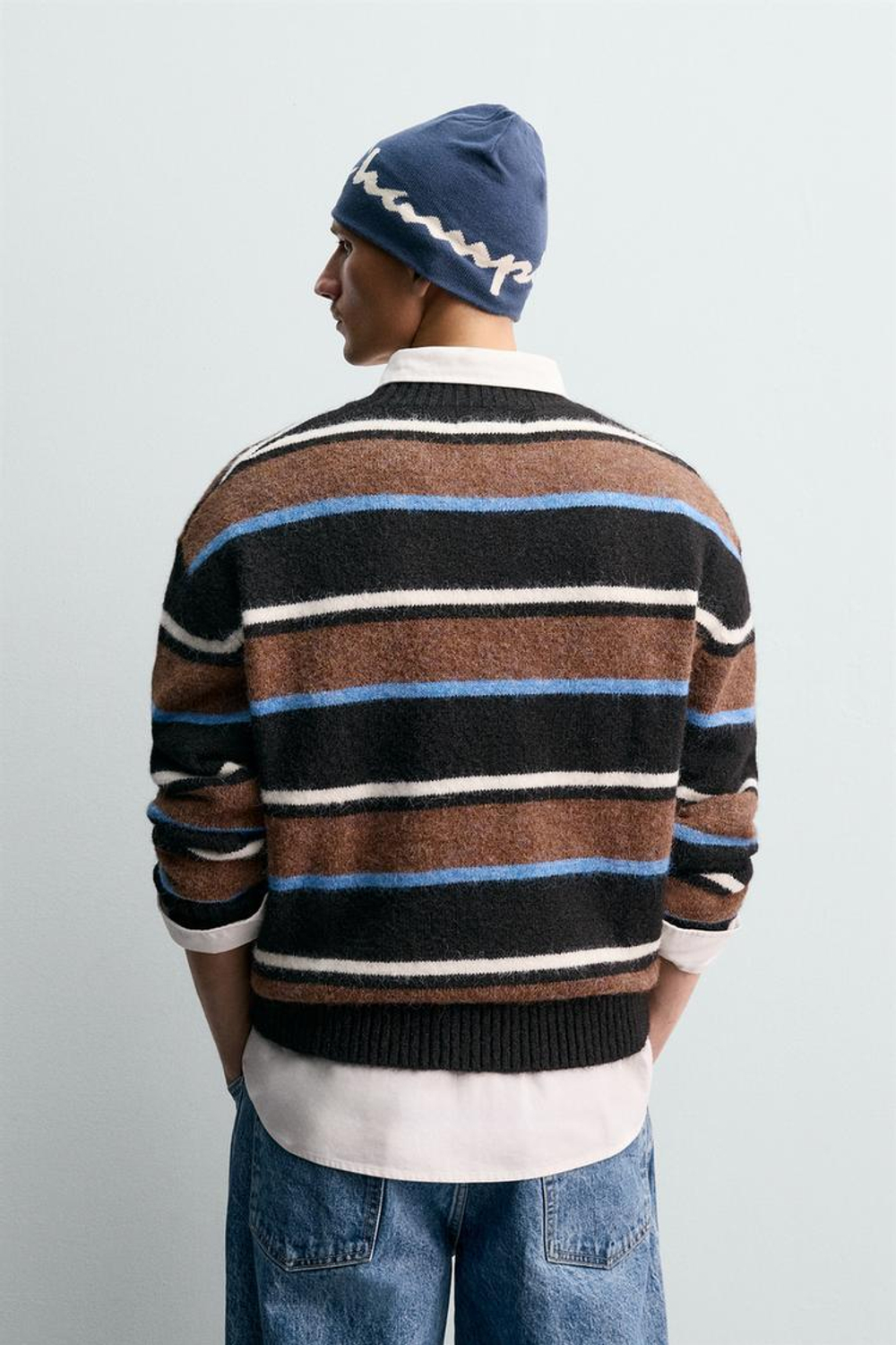 ZARA X CHAMPION СВИТЕР В ПОЛОСКУ С НАШИВКАМИ, ШОКОЛАДНЫЙ