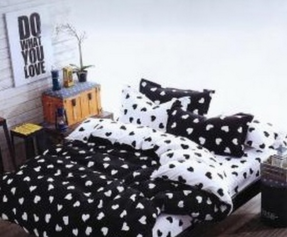 2-спальное постельное белье из поплина Черно-белое сердце (простыня на резинке)