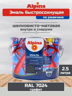 Эмаль по ржавчине и металлу быстросохнущая Alpina (Альпина) шелковисто-матовая, RAL 7024, Графит, 2.5 литра