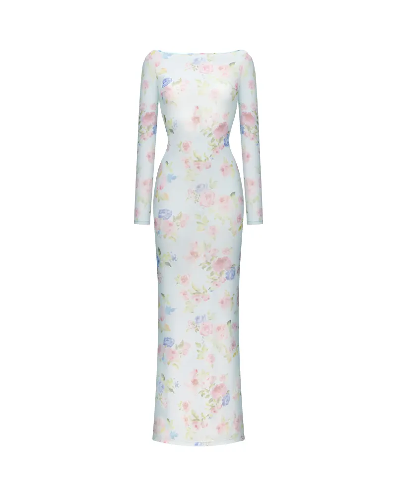 Моне макси (Monet maxi), платье макси из голубой сетки с цветочным принтом