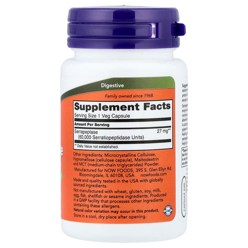 NOW Foods, серрапептаза, 60 растительных капсул (27 мг в 1 капсуле)