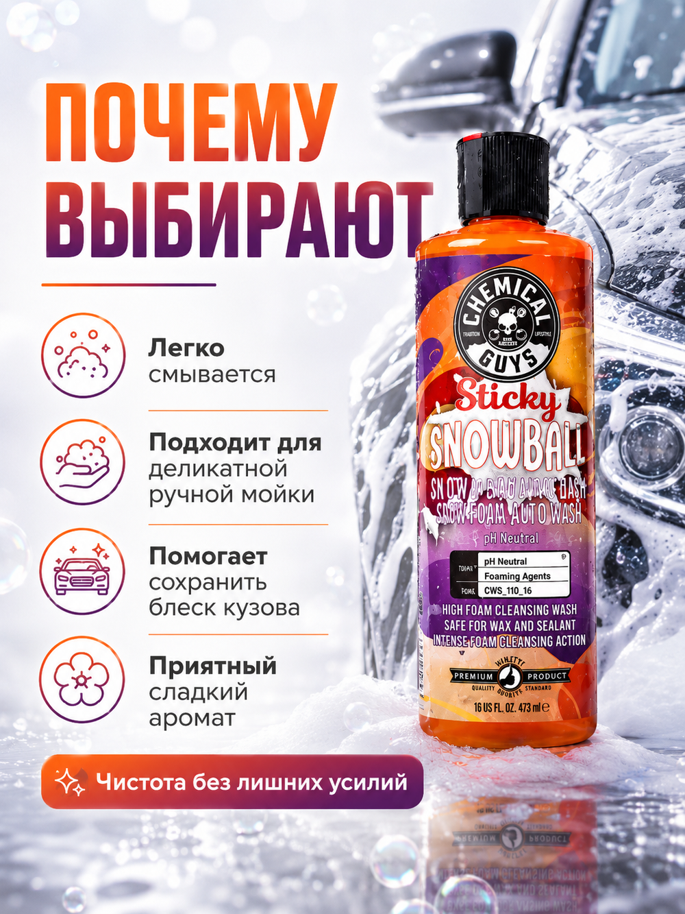 Chemical Guys Шампунь для ручной мойки Sticky Snowball Snow Foam Auto Wash 473мл